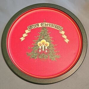 Vintage "Merry Christmas" Round Metal Tray Christmas Tree